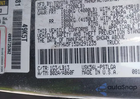 2013 Toyota Tundra Limited 5.7L V8 z USA, uszkodzony, nr VIN 5TFHW5F15DX291235